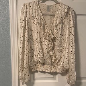 Joie Ivory Blouse with Black Polka Dots and Ruffle V-Neck